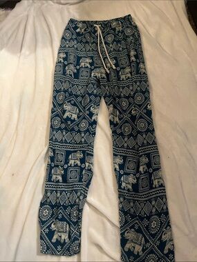 Blue Rayon Printed Drawstring Pants